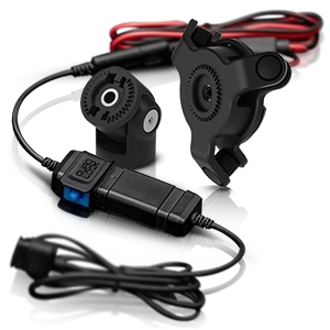 Quad Lock-Motorradhalterung mit Kabeln und Stromanschluss.
